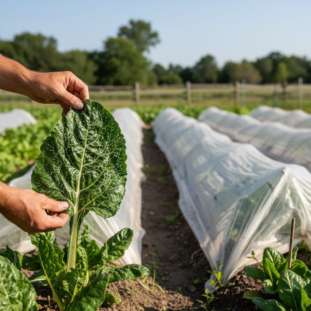 A gardener inspecting a fresh green chard leaf showing distinctive white serpentine leaf miner feeding trails, with row covers protecting adjacent vegetable beds.