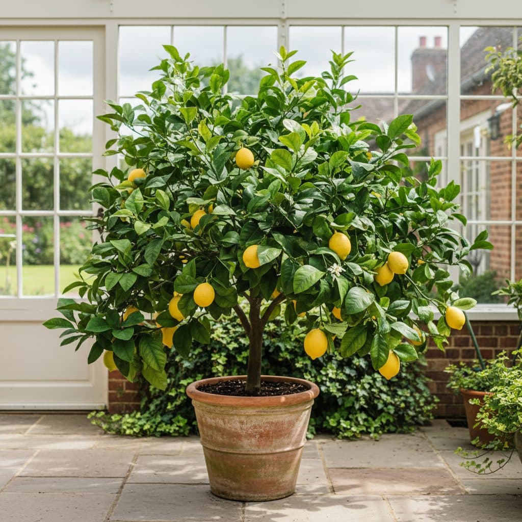 A healthy potted Meyer lemon tree laden with glossy green leaves and ripe yellow lemons positioned in a bright UK conservatory.