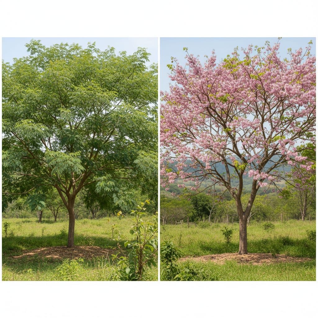 A side-by-side view of a leafy Leucaena tree with fine bipinnate leaves beside a branching Gliricidia tree with pinkish flowers in an agroforestry pasture.