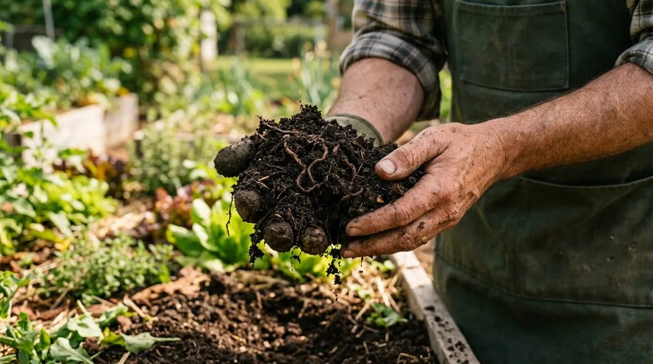 A gardener holding a handful of dark, crumbly, fertile loamy soil overflowing with rich organic matter and fine earthworm channels in a sunny garden bed.