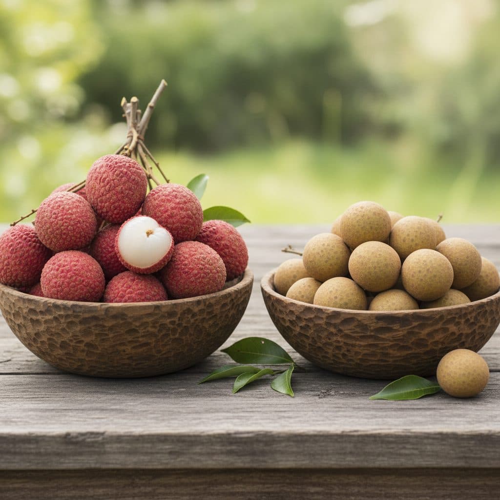 A comparative wooden bowl holding freshly harvested bright red textured lychees beside smooth tan longan fruits on a rustic table.