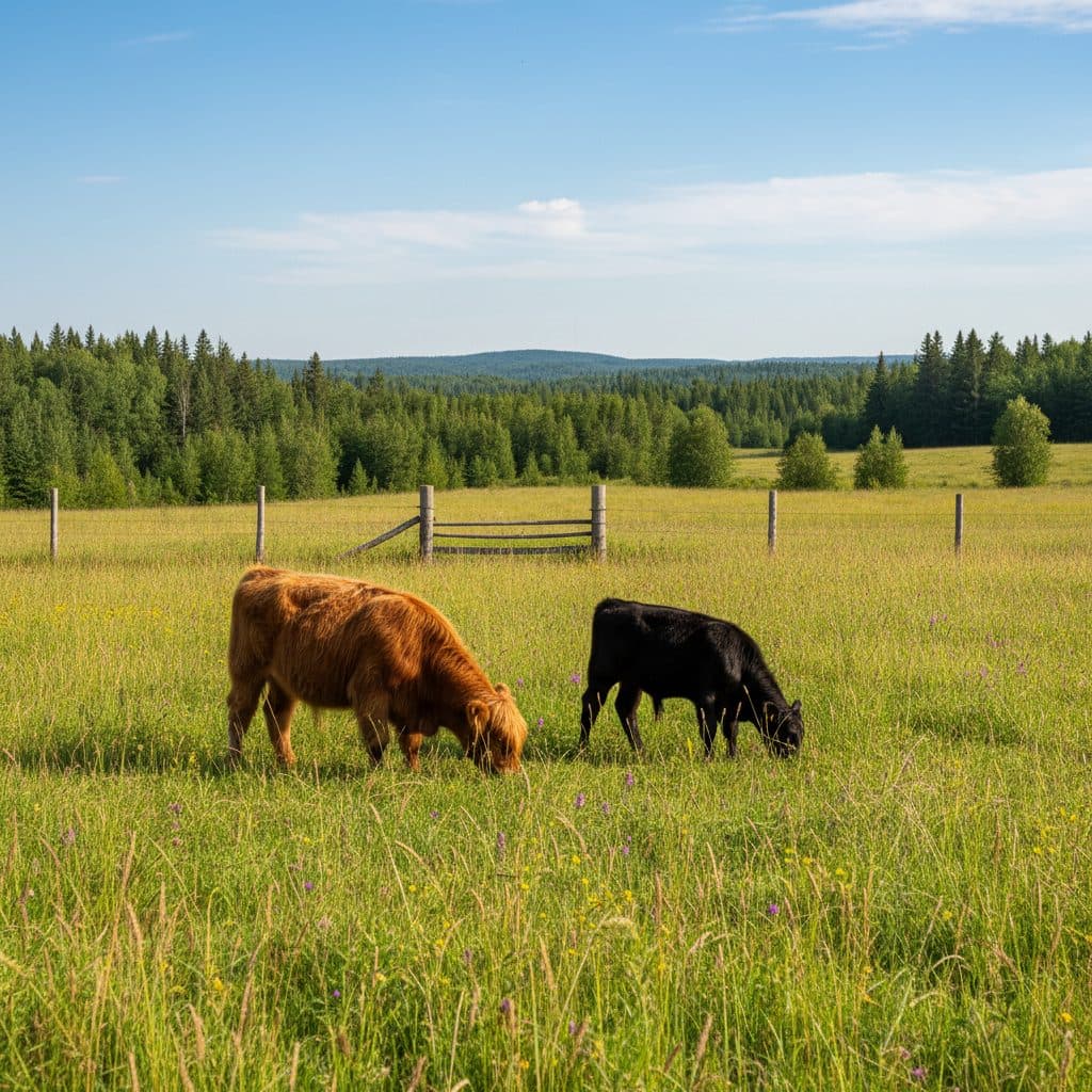 A pair of miniature Highland and Dexter cattle grazing calmly in a lush green Canadian pasture with rustic wooden fencing.