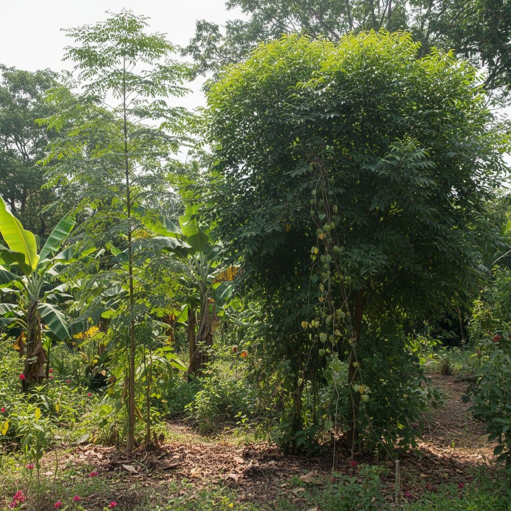 A lush tropical agroforestry garden featuring a fast-growing moringa tree with delicate bipinnate leaves growing beside a dense, dark-green neem tree.