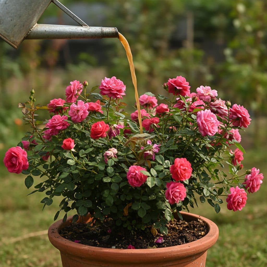 A terracotta pot with a thriving flowering rose bush being fed diluted golden-brown mustard cake liquid fertilizer from a watering can.