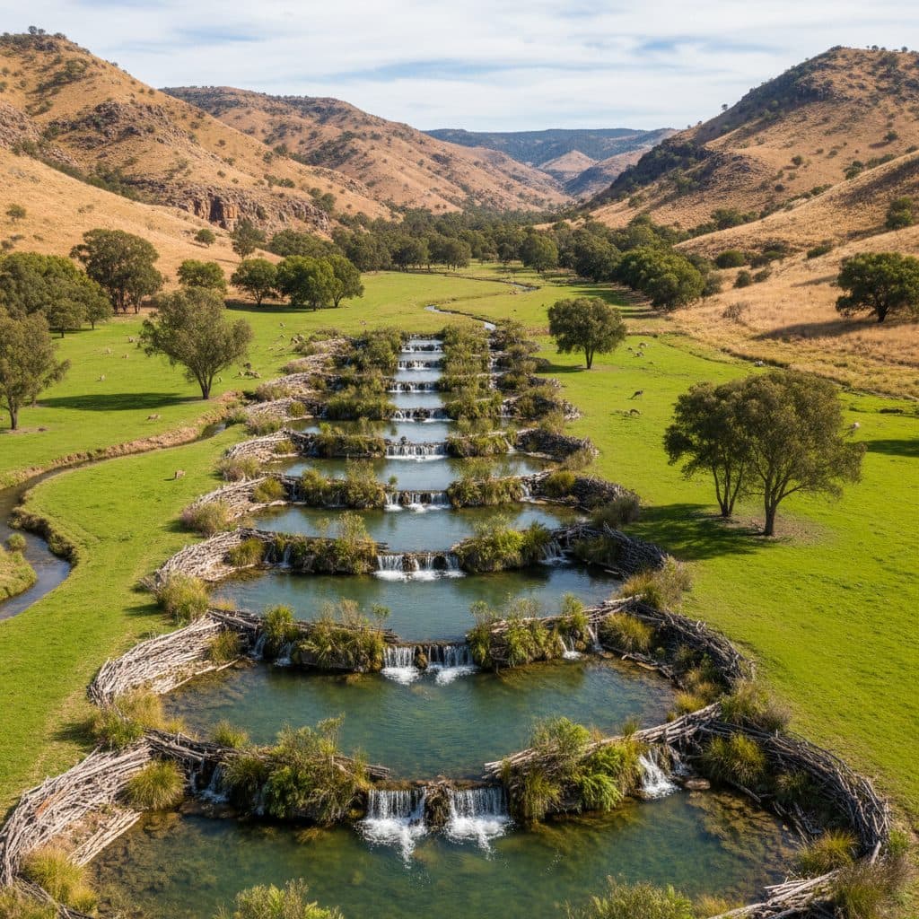 A restored Australian valley showing stepped ponds, vegetated leaky weirs, and lush green pastures contrasting with dry surrounding ridges.