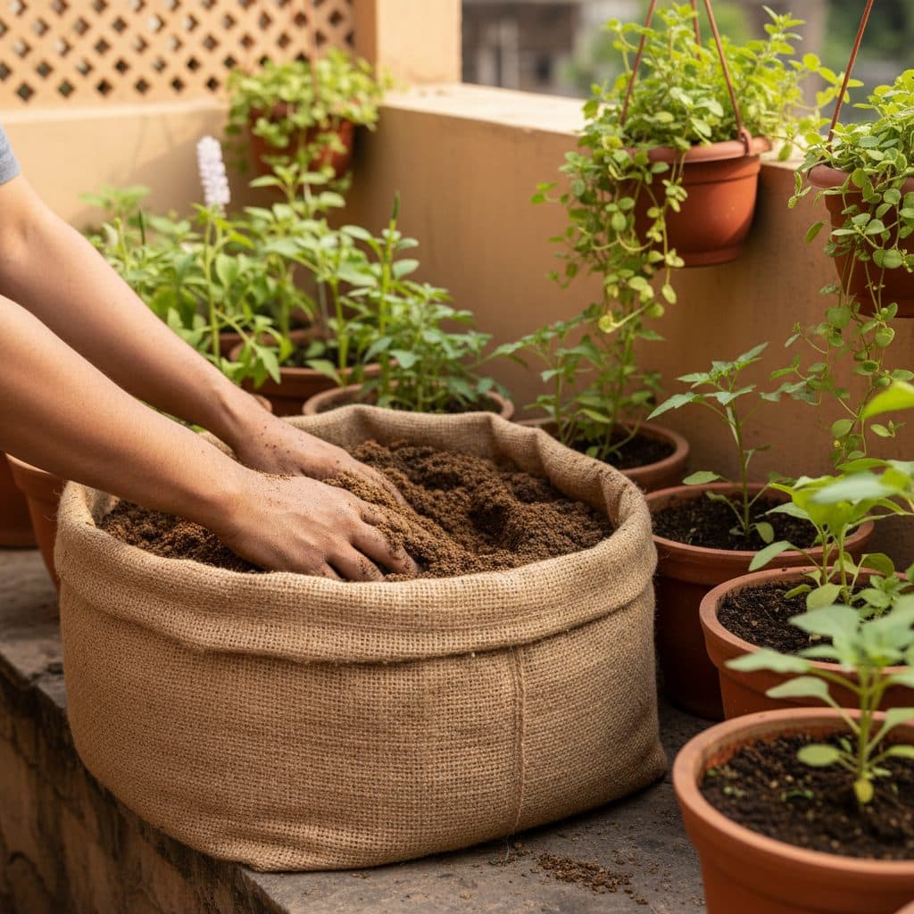 A gardener mixing coarse brown organic neem cake powder into dark potting soil inside an Indian terrace vegetable grow bag.
