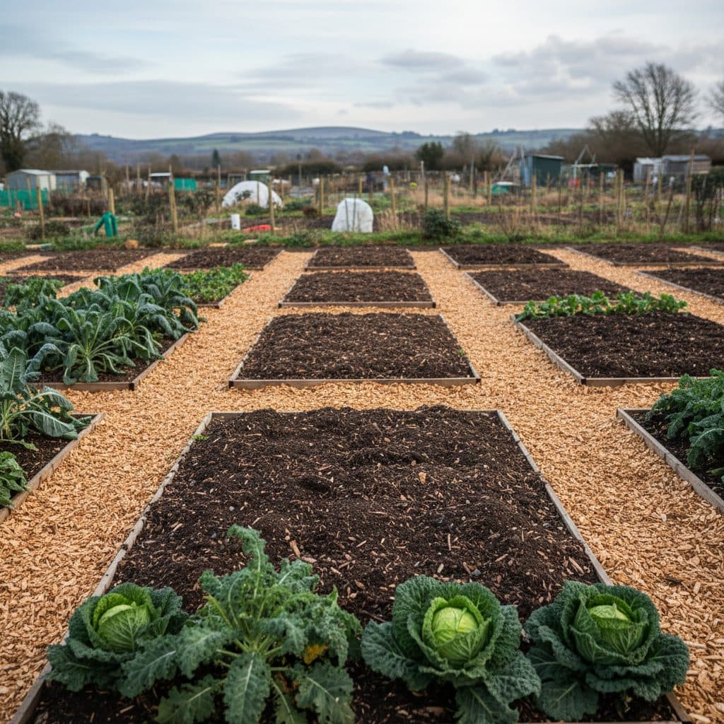 A newly converted UK allotment with neat no-dig beds covered in dark compost, surrounded by woodchip pathways and overwintering brassicas.