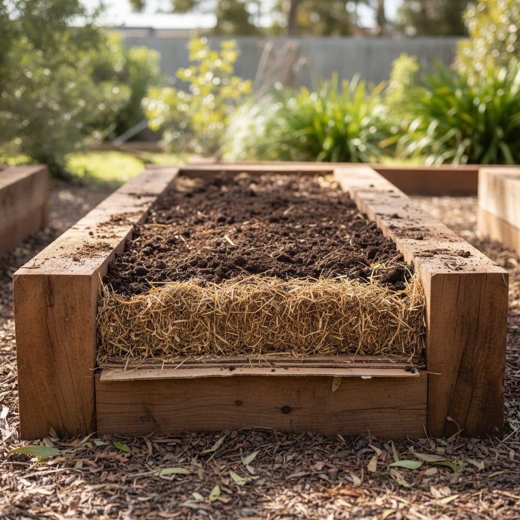 A newly constructed Australian layered no dig garden bed bordered with hardwood sleepers showing distinct layers of cardboard, lucerne, and dark compost.