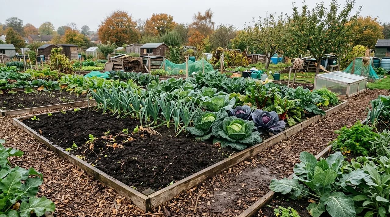 A tidy British allotment vegetable garden showing raised timber beds topped with dark compost and growing autumn brassicas alongside woodchip paths.