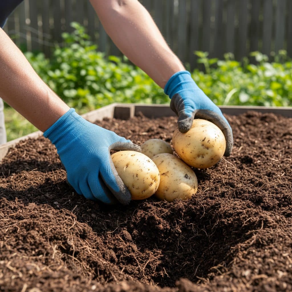 A gardener lifting mature, clean white potatoes by hand from beneath a thick layer of dark crumbly compost mulch on a no-dig bed.