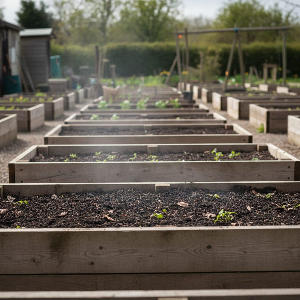 Timber raised garden beds filled with rich dark organic compost in a UK allotment setting during early spring.