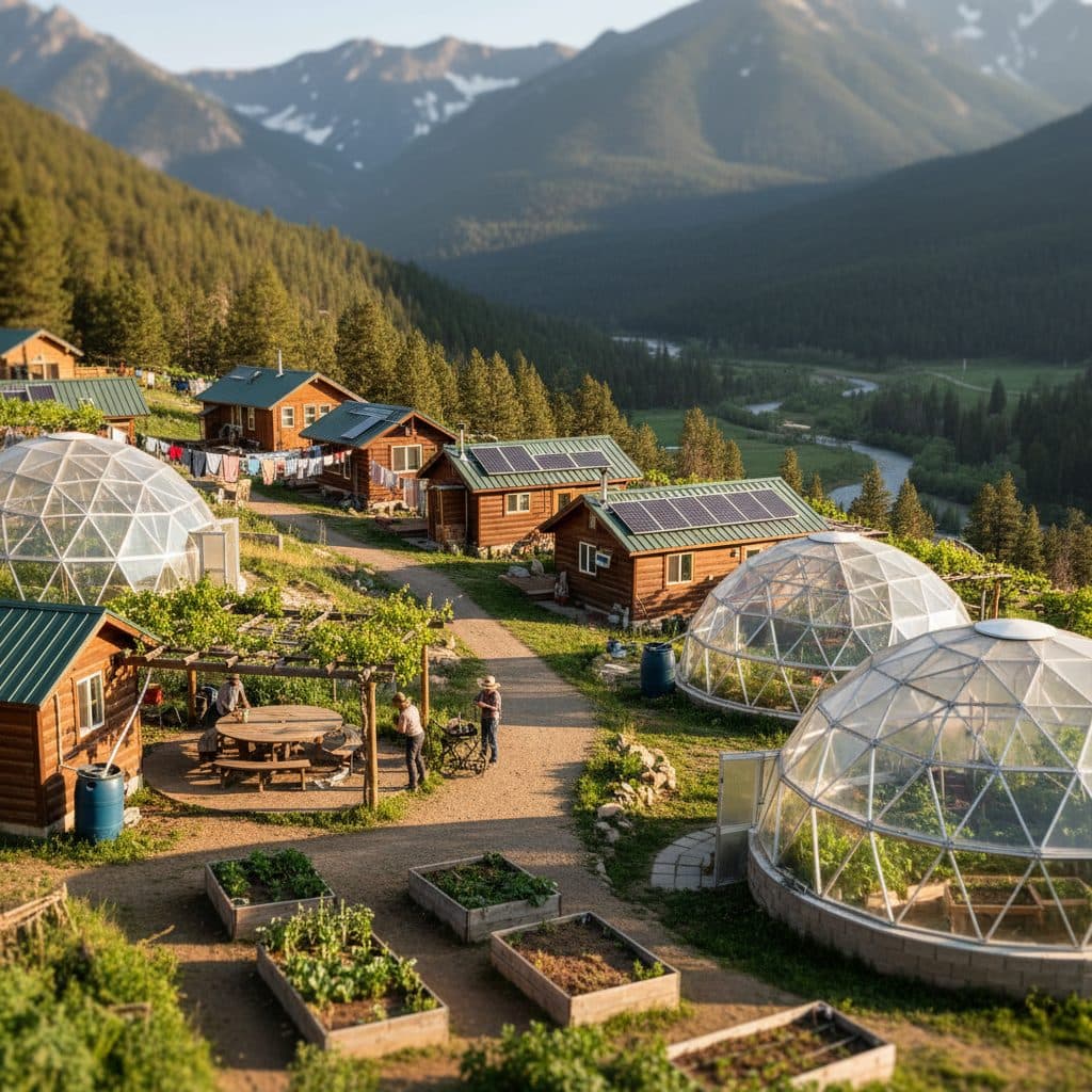 A cluster of off-grid homesteads and shared agricultural greenhouses in an intentional community ecovillage in the American mountains.