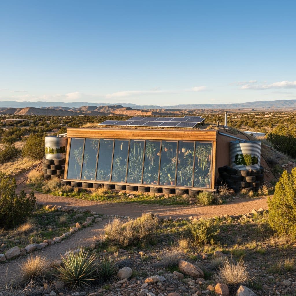 A sustainable off-grid passive solar Earthship home set against the high desert landscape of Taos New Mexico with solar panels and rainwater cisterns.