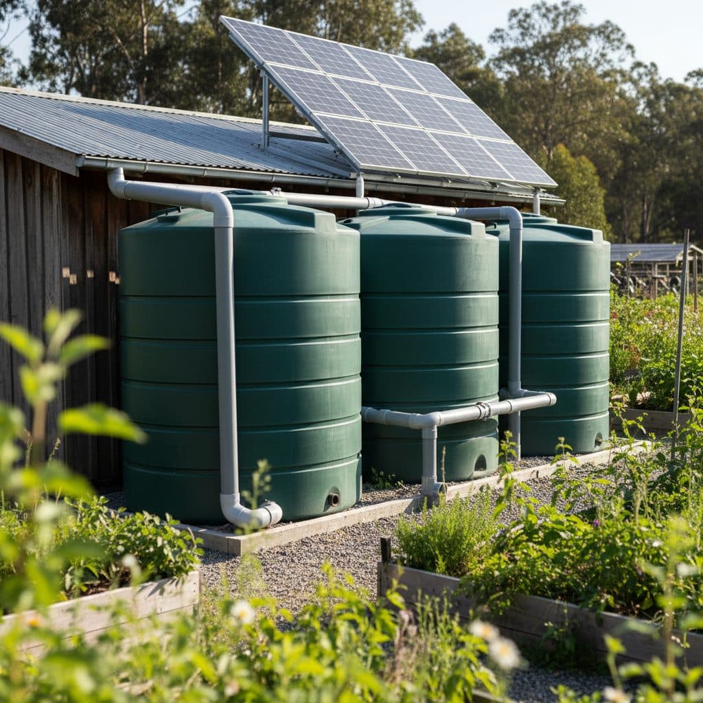 A homestead off-grid water system with large dark green poly storage tanks, solar pump array, and roof rainwater catchment pipes.