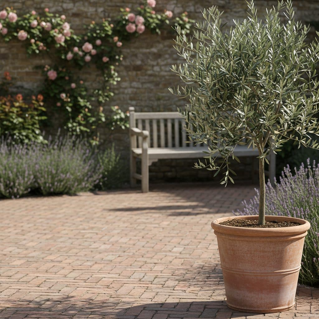A healthy potted olive tree with silvery-green foliage situated on a sunny brick courtyard patio in a UK garden.