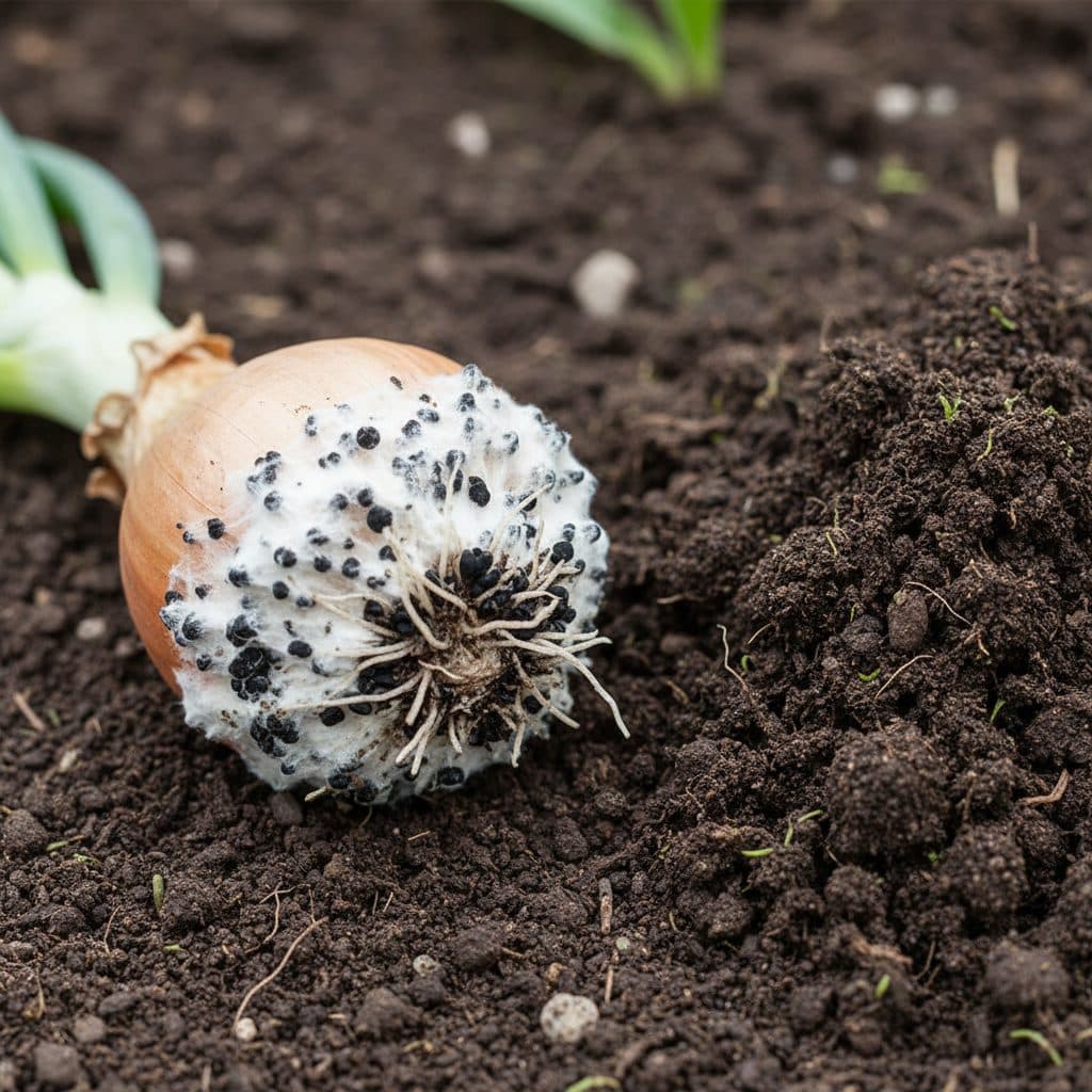An infected garden onion bulb displaying fluffy white fungal mycelium and tiny black sclerotia at the root base beside healthy garden soil.