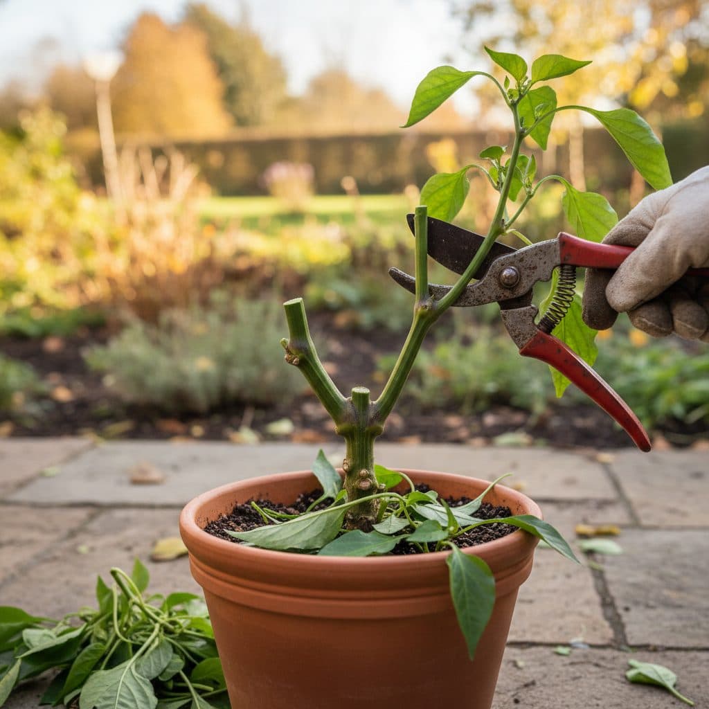 A gardener using sharp pruning shears to cut back a potted bell pepper plant to its main woody Y-stems before bringing it indoors for winter.