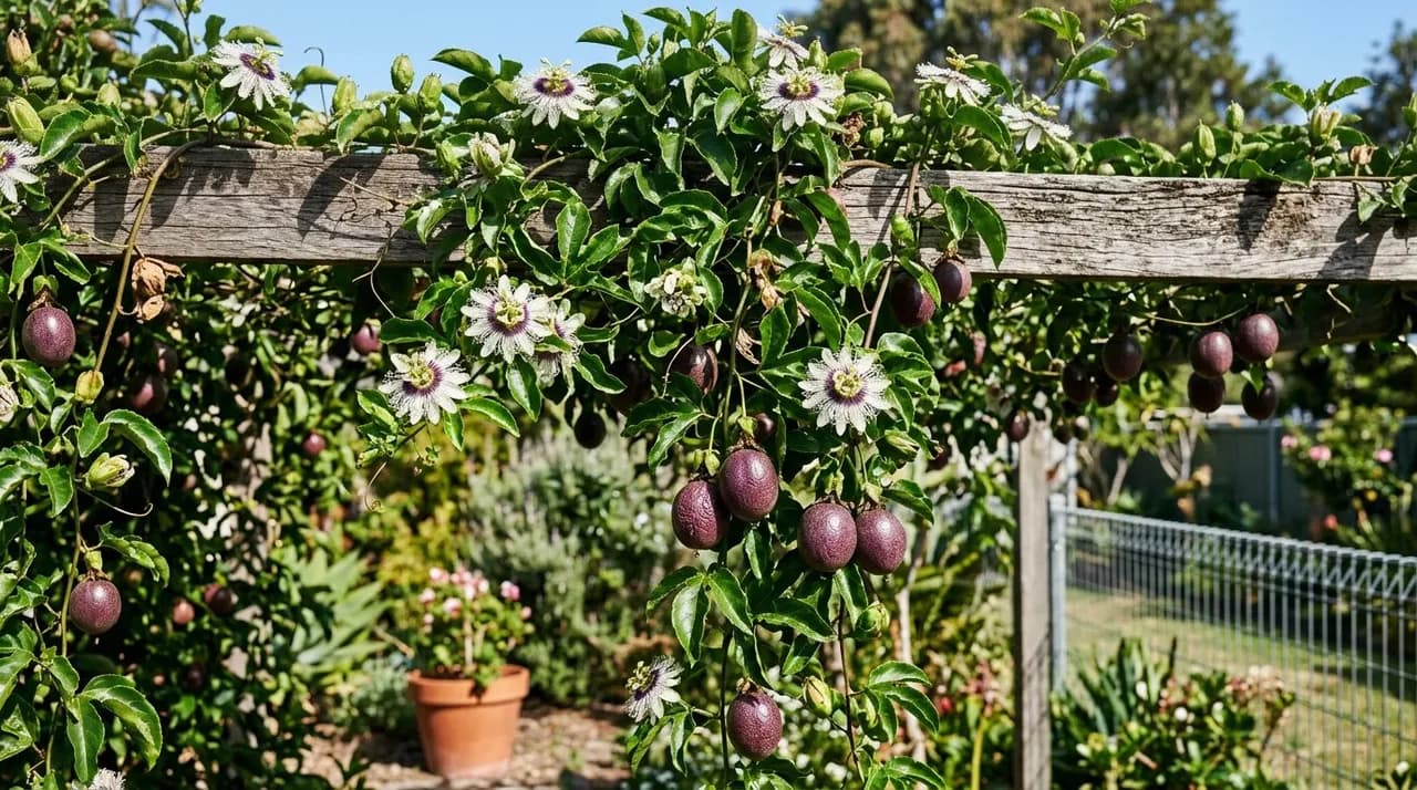 A vigorous passionfruit vine trained across a sunny timber trellis in an Australian backyard, laden with purple fruit and intricate white-purple blossoms.