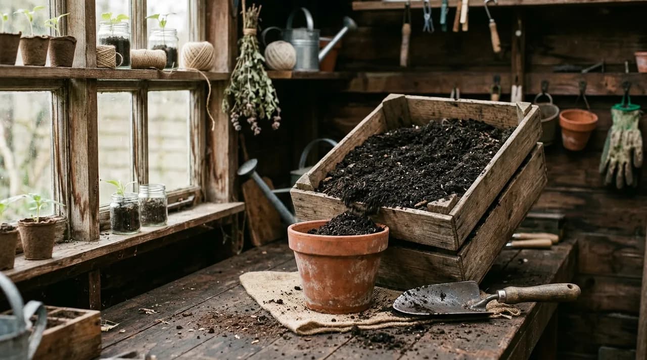 Dark textured peat-free potting compost pouring from a wooden crate into a terracotta plant pot on a rustic potting bench inside a British greenhouse.