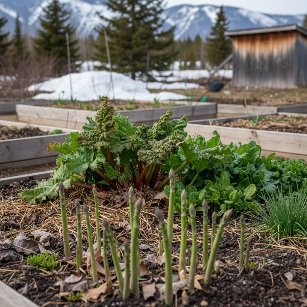 A productive cold-climate Canadian food garden featuring perennial asparagus spears, rhubarb crowns, and perennial greens in early spring.