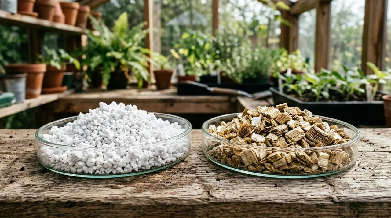A side-by-side comparison of bright white porous perlite granules next to soft, golden-brown accordion-like vermiculite flakes in glass petri dishes.