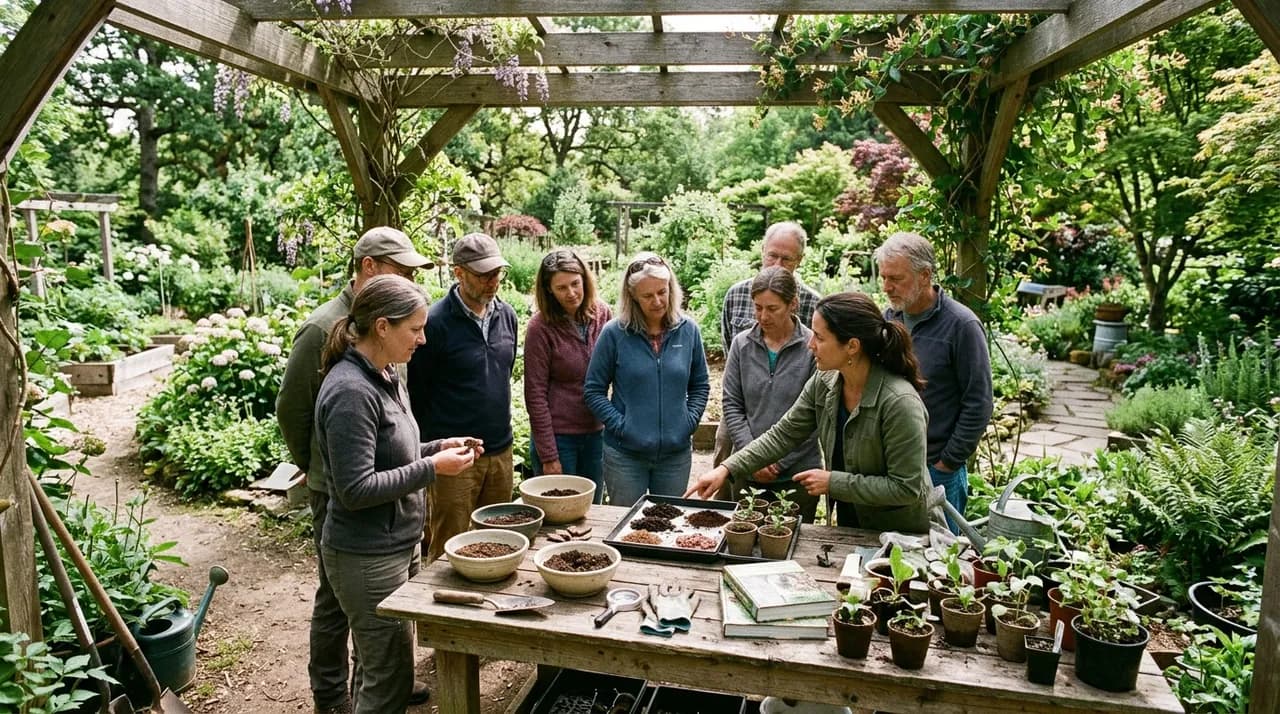 Adult students gather around an outdoor timber work table in an educational garden setting, examining diverse soil mixtures and potted seedlings under a wooden pergola.