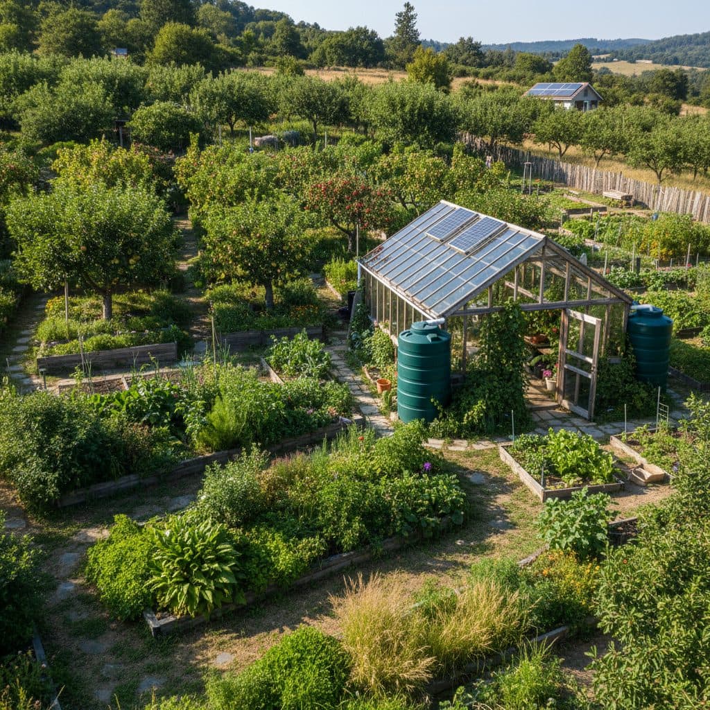 A diverse permaculture homestead featuring contour swales, multi-layered fruit tree guilds, rainwater catchment tanks, and a passive solar greenhouse.