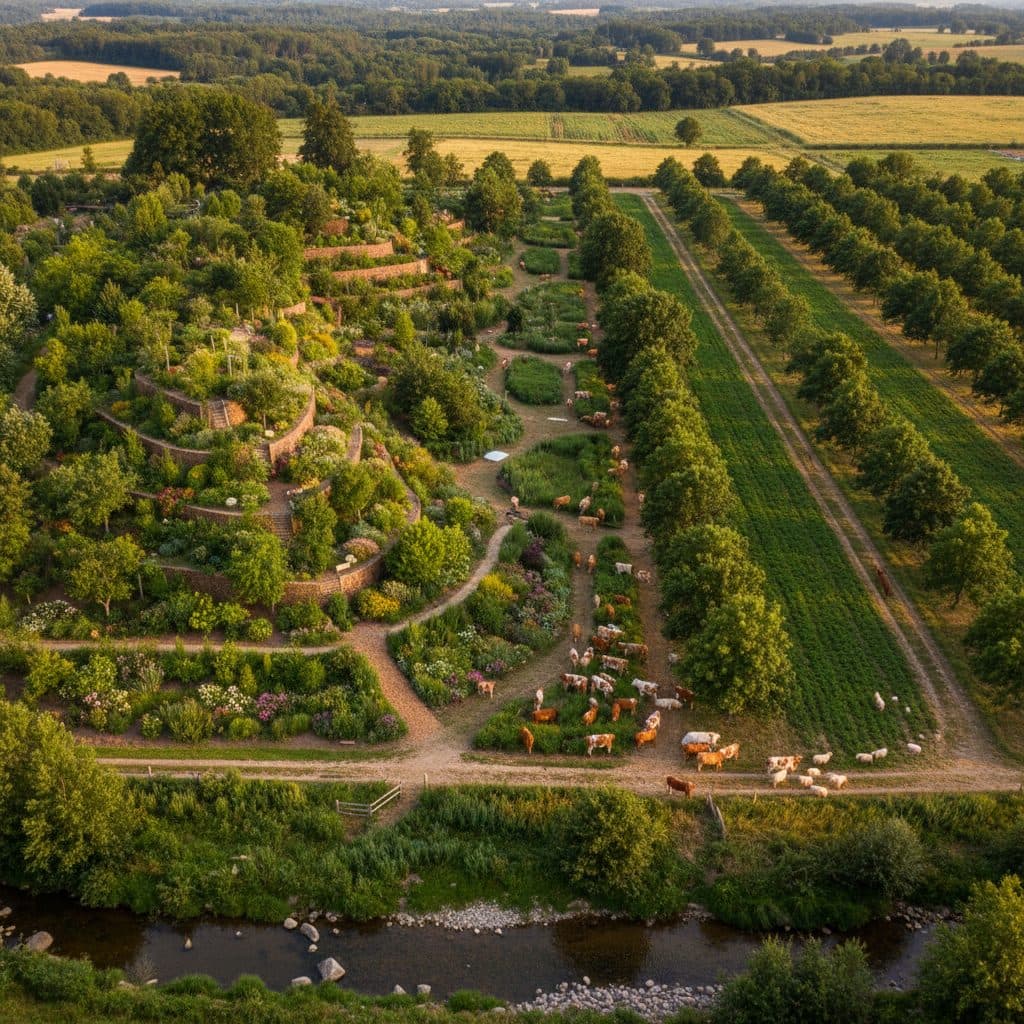 An aerial landscape view showing multi-tier food forest permaculture beds alongside structured agricultural agroforestry tree alleys and grazing livestock.