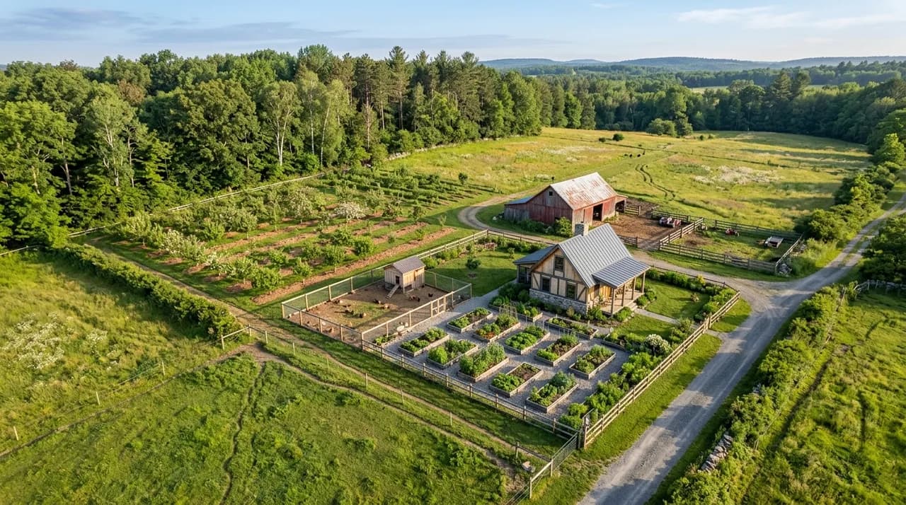 An aerial view of a rural homestead illustrating zoning layout, featuring a house with adjacent vegetable beds, chicken run, barn, fruit orchard rows, pasture, and outer woodland.