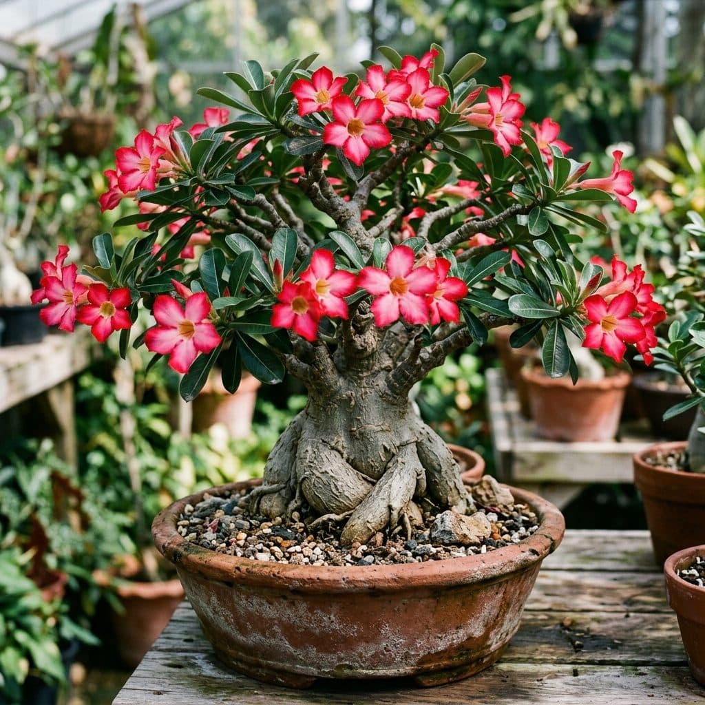 A mature bonsai-trained Adenium desert rose displaying a thick, sculpted grey caudex and clusters of brilliant red-pink trumpet flowers in a terracotta pot.