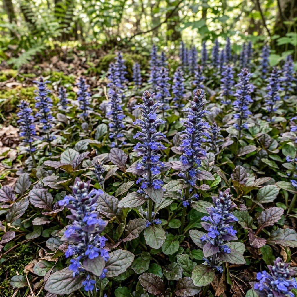 A dense carpet of bronze and dark purple ajuga foliage studded with upright blue-violet flower spikes in dappled woodland shade.