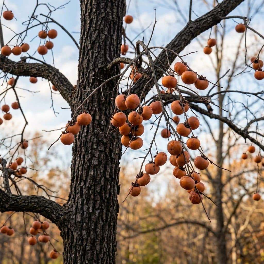 A tall American persimmon tree with dark blocky alligator-hide bark, holding clusters of soft orange-amber persimmons on bare branches against an autumn sky.