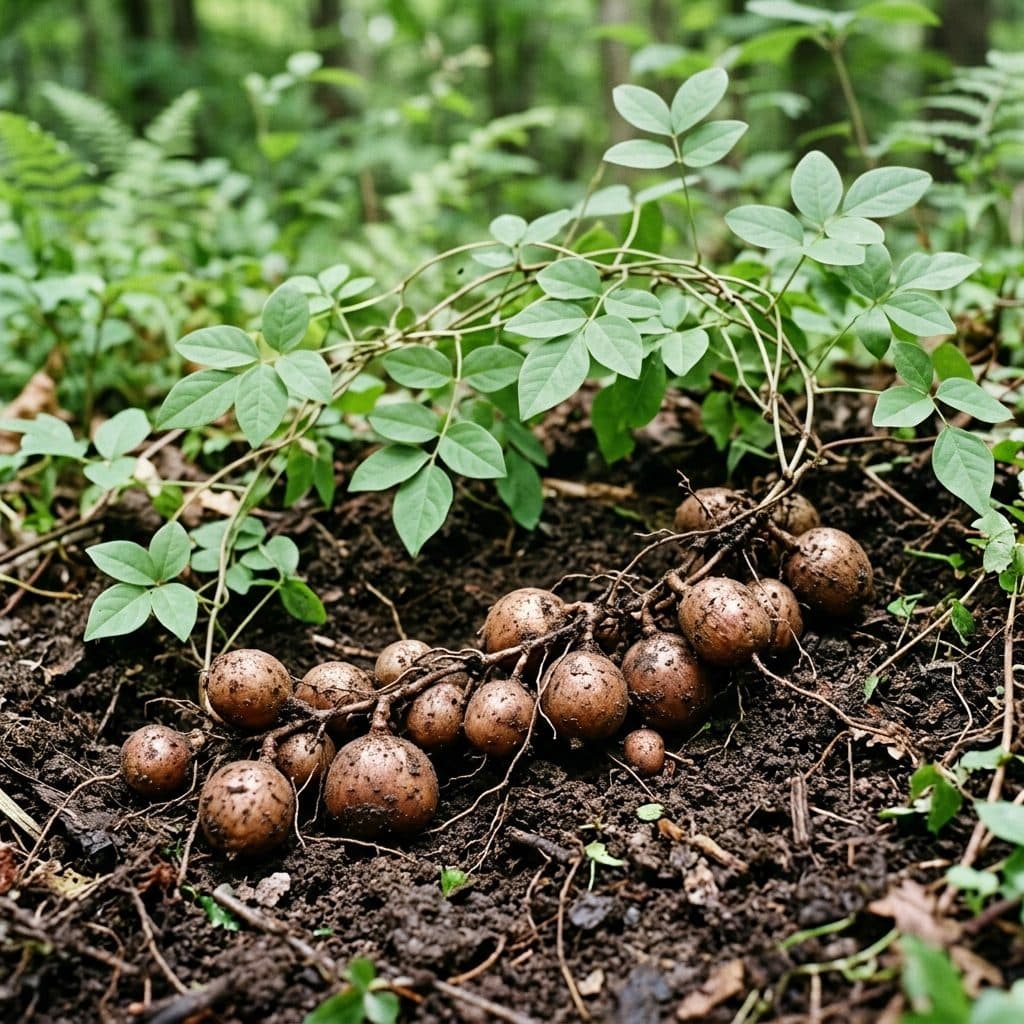 A string of rounded brown American groundnut tubers excavated from dark loam beneath delicate pinnate vine leaves.