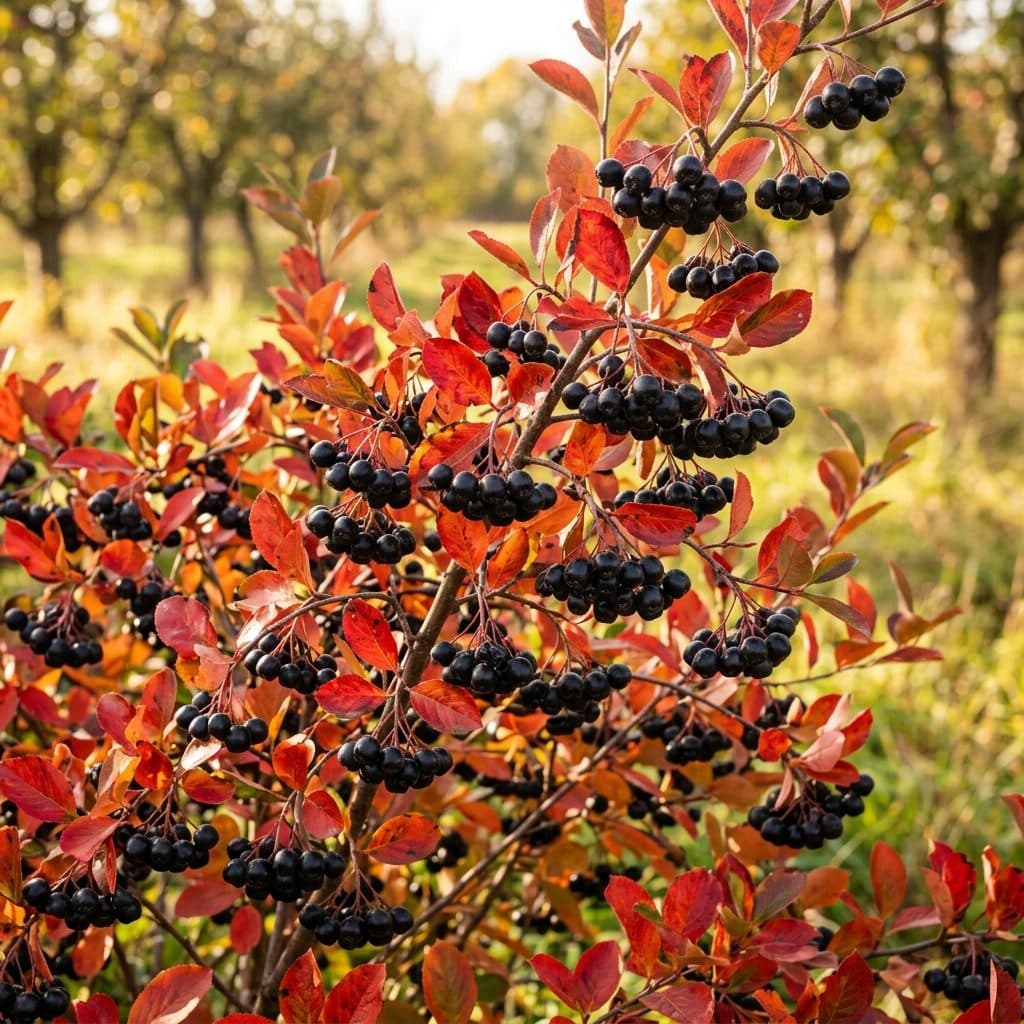A dense black chokeberry shrub laden with pendulous clusters of glossy black berries surrounded by vibrant scarlet autumn foliage in a sunlit orchard.