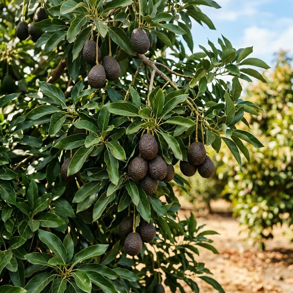 A vigorous avocado tree laden with clusters of dark pebbled fruit hanging among glossy dark-green leaves in a sunny, well-drained orchard.