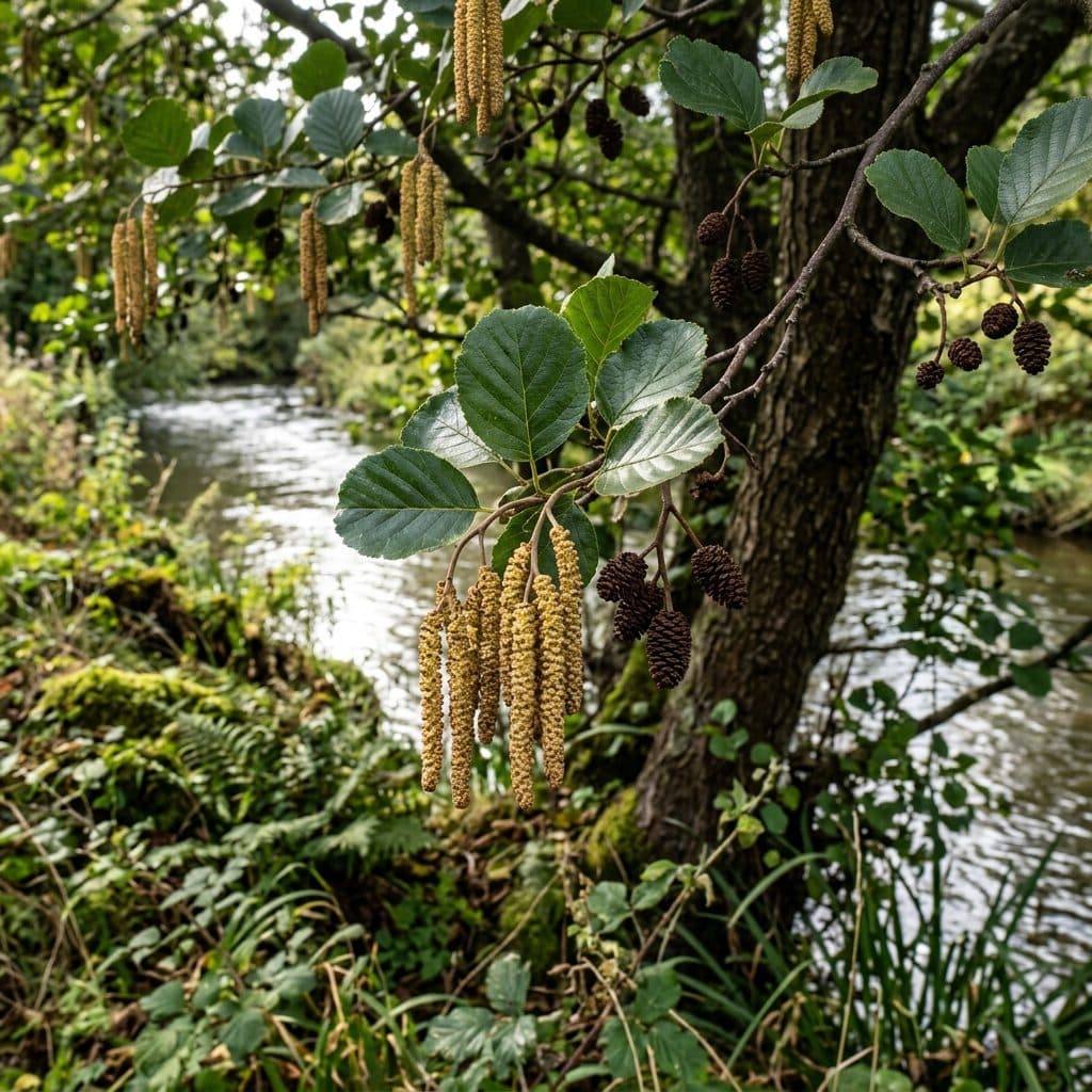 A mature black alder tree growing beside a riverbank showing glossy, notched leaves, dangling male catkins, and woody persistent female cones.