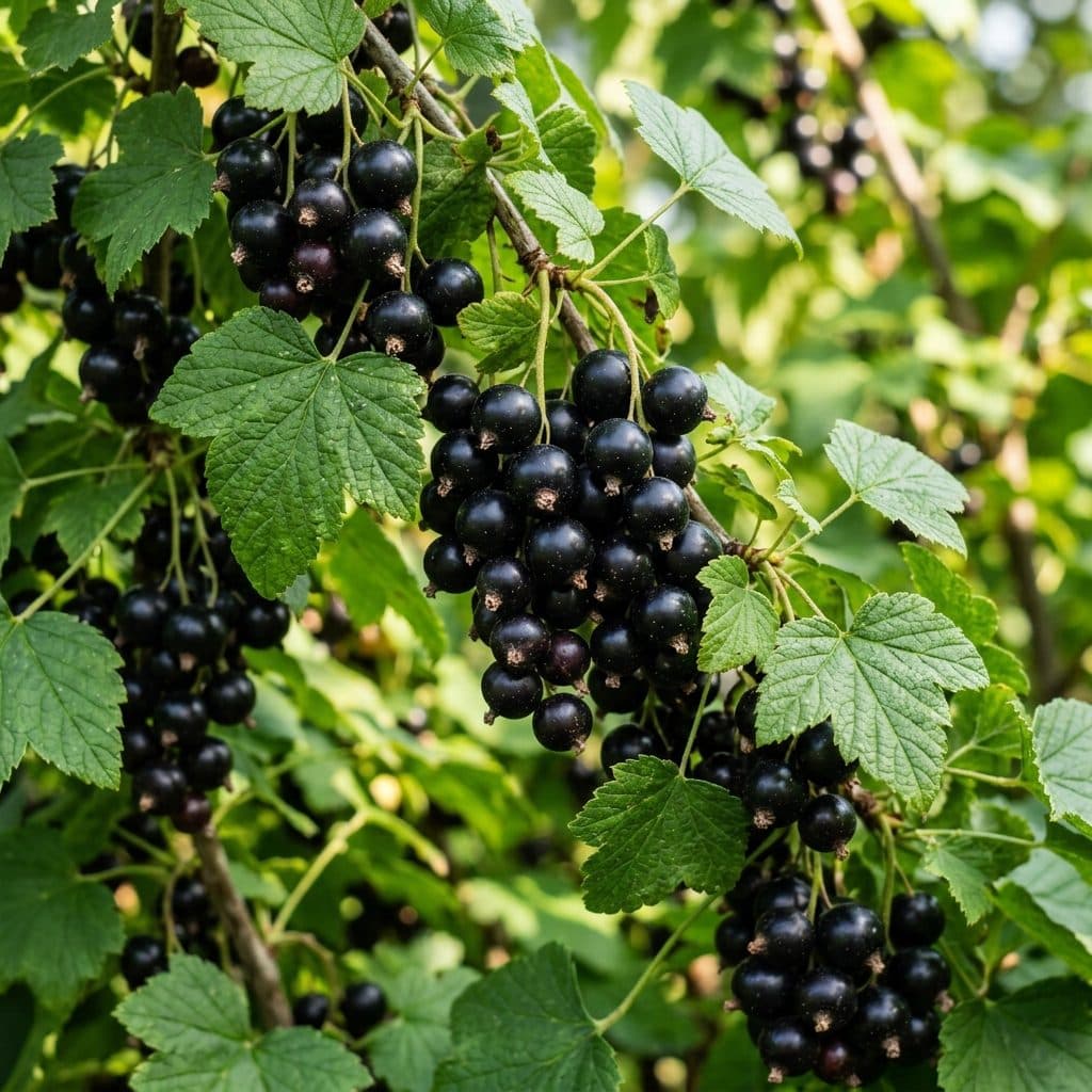 Glossy black currants hanging in heavy pendulous clusters among fragrant, resin-dotted lobed green leaves on an orchard bush in midsummer.