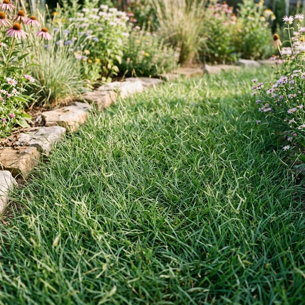 A soft, fine-textured green lawn of native buffalo grass under summer sun bordered by natural prairie stones and native wildflowers.