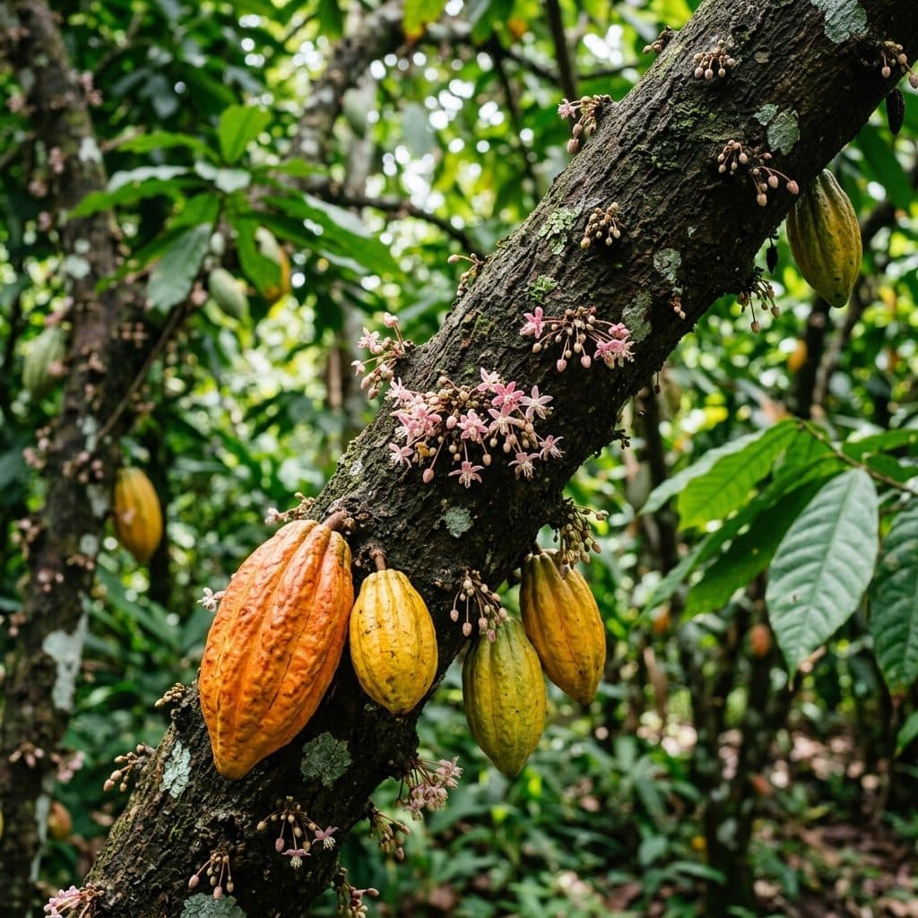 A cacao tree trunk bearing clusters of cauliflorous pink blossoms and large ridged, ripening orange and yellow pods in an understorey orchard.