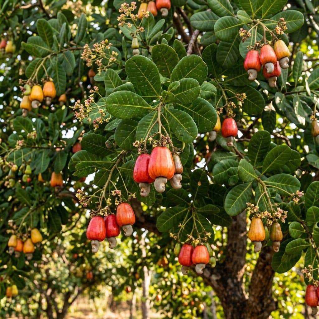 A spreading cashew tree displaying glossy foliage, colourful ripe cashew apples, and attached kidney-shaped nut drupes in a tropical orchard.
