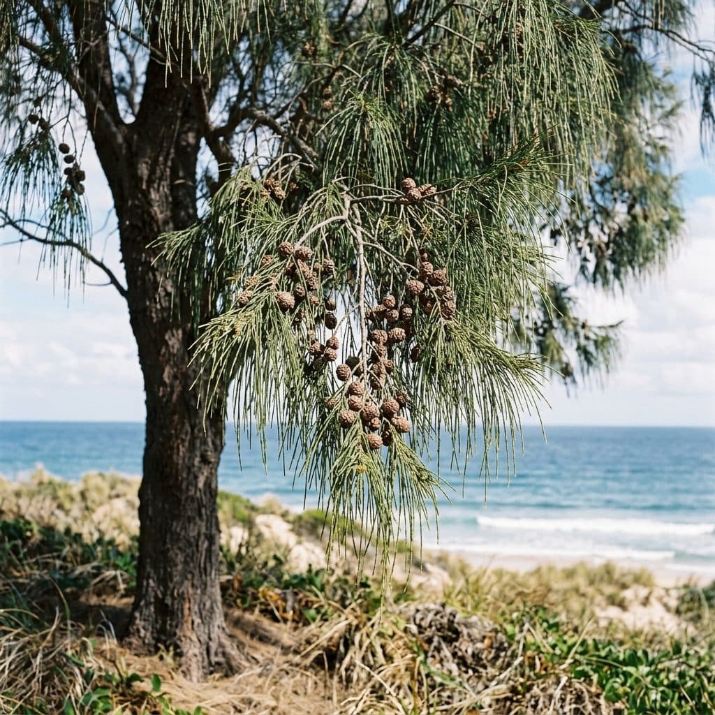 A towering Casuarina equisetifolia tree on a coastal dune showing weeping, needle-like jointed branchlets and small cone-like fruit against the sea.