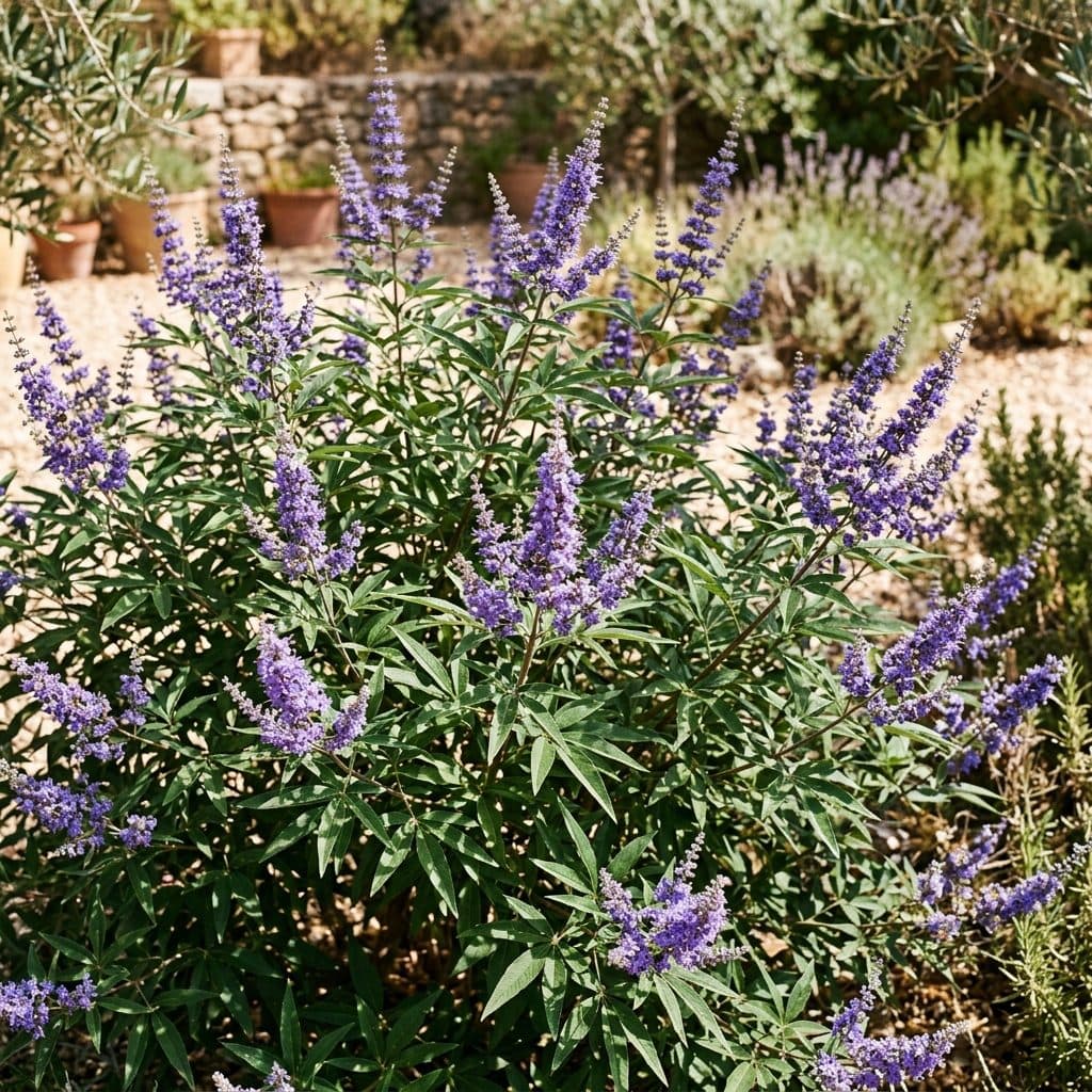 A broad chaste tree bush covered in upright spires of violet-blue blossoms with aromatic palmate green leaves in a sun-drenched Mediterranean garden.