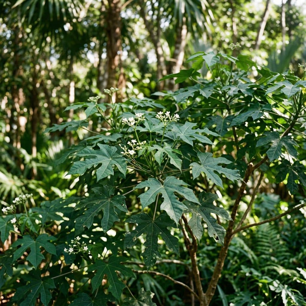 A lush chaya tree spinach shrub with large dark green maple-like lobed leaves and small white flower clusters growing in a sunlit subtropical forest garden.