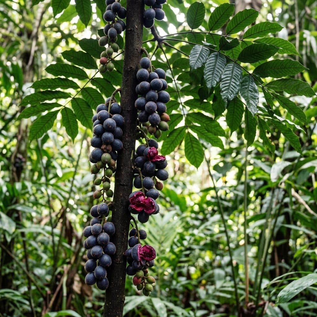 A slender Davidson's plum tree trunk displaying cauliflorous clusters of dark bluish-purple plums with deep magenta flesh hanging beneath tropical foliage.