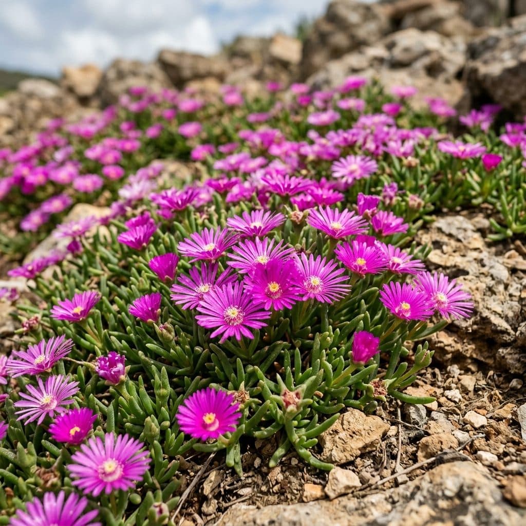 A sprawling carpet of bright magenta daisy-like ice plant flowers glowing over fleshy green succulent leaves on dry rocky ground.