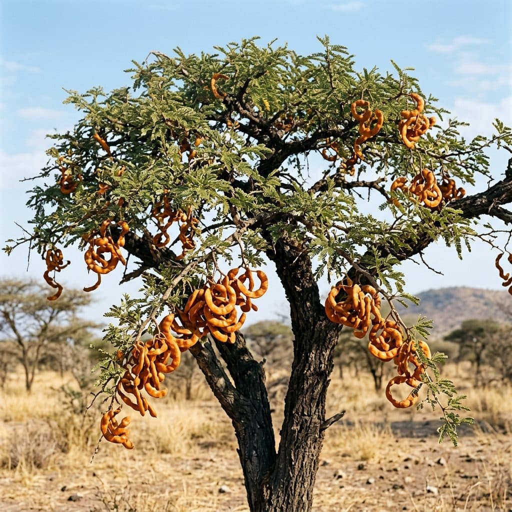 A mature Faidherbia albida tree with a rounded crown bearing clusters of distinctive bright orange-brown, coiled apple-ring pods in a semi-arid landscape.