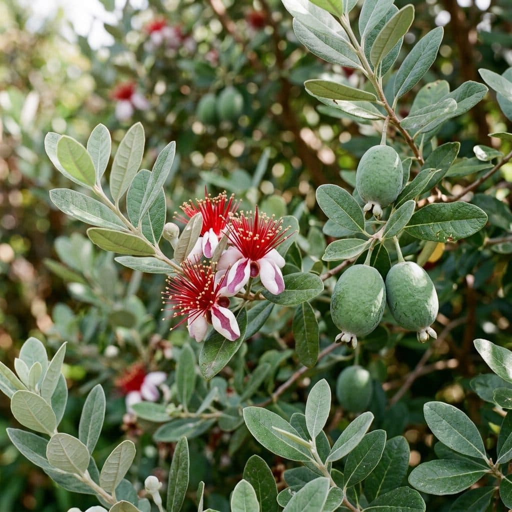 An evergreen feijoa shrub displaying striking red-stamened flowers alongside ripe, oval green fruits against leathery silvery foliage.