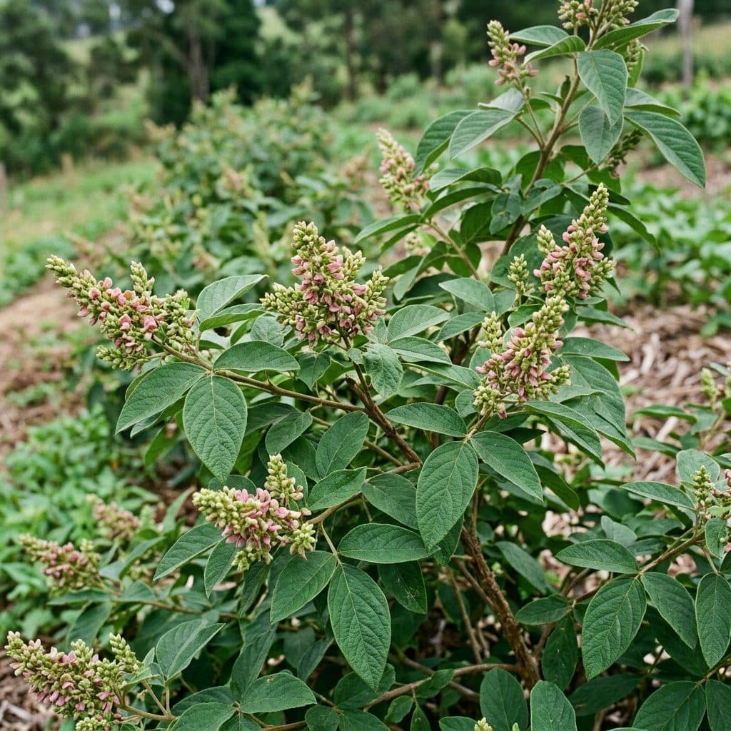 A robust Flemingia macrophylla shrub showcasing large trifoliate leaves and compact racemes of greenish-pink flowers in a contour agroforestry hedge.