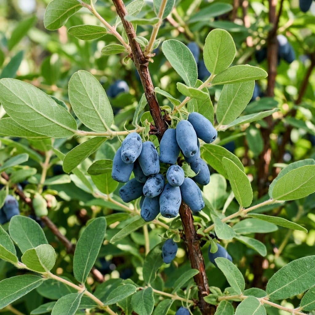 Plump, cylindrical dark blue haskap berries with a frosty waxy bloom clustered among green oval leaves on a woody branch in early summer.