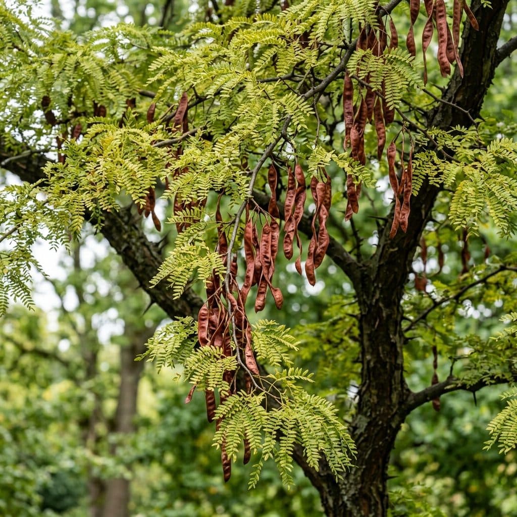 A mature honey locust tree displaying delicate bipinnate golden-green foliage and long twisted reddish-brown seed pods dangling from high canopy branches.